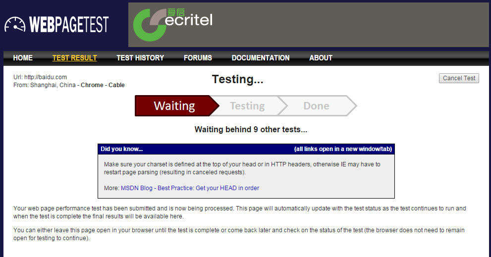 Test Website Loading Speed in China webpagetest